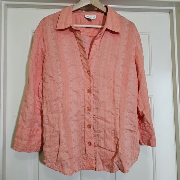 Coldwater Creek Women’s Shirt XL Peach Melon Textured Floral Stripes 3/4 Blouse - Picture 1 of 10